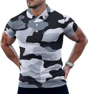 Black Camouflage Slim Fit Men's Short Sleeve Polo Shirts Quick-Dry Breathable Golf T-Shirt Tops
