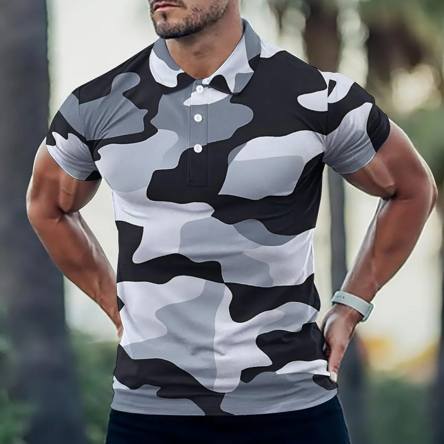 Black Camouflage Slim Fit Men's Short Sleeve Polo Shirts Quick-Dry Breathable Golf T-Shirt Tops