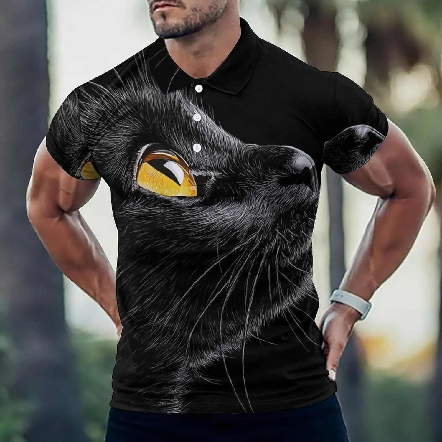 Black Cat Yellow Eyes Slim Fit Men's Short Sleeve Polo Shirts Quick-Dry Breathable Golf T-Shirt Tops