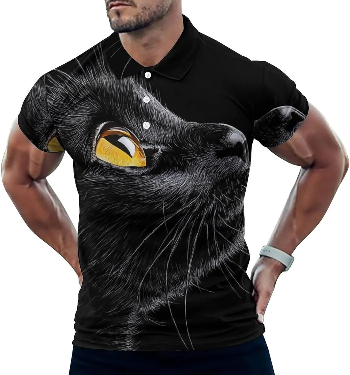 Black Cat Yellow Eyes Slim Fit Men's Short Sleeve Polo Shirts Quick-Dry Breathable Golf T-Shirt Tops