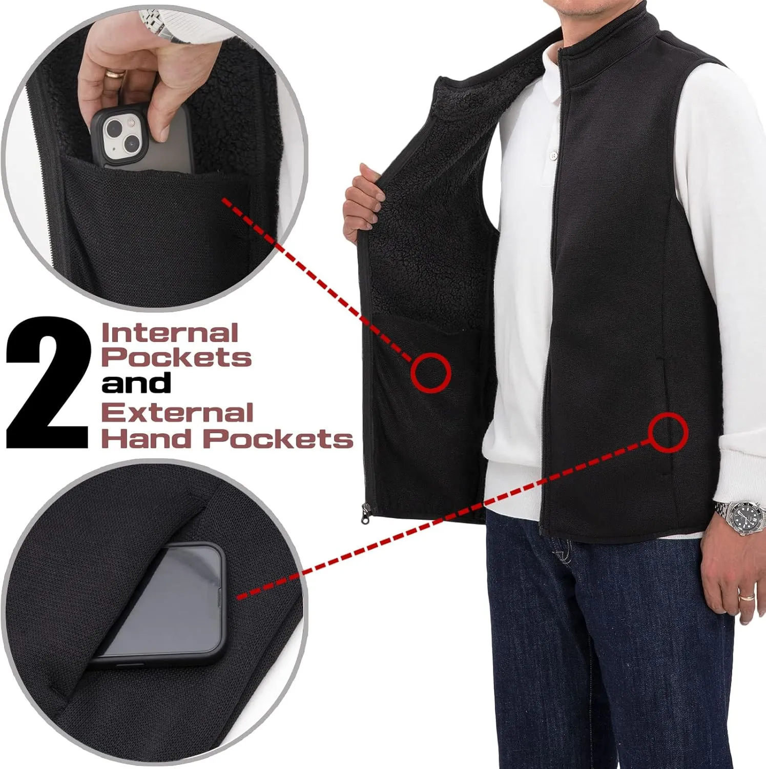 Bonnroth Mens Full Zip Sweater Fleece Vest, Sherpa Lined Stand Collar Vests with Pocket