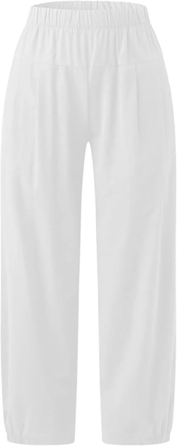 Bozanly Womens Summer Capri Pants Elastic Waist Cotton Linen Yoga Cropped Pants Trousers