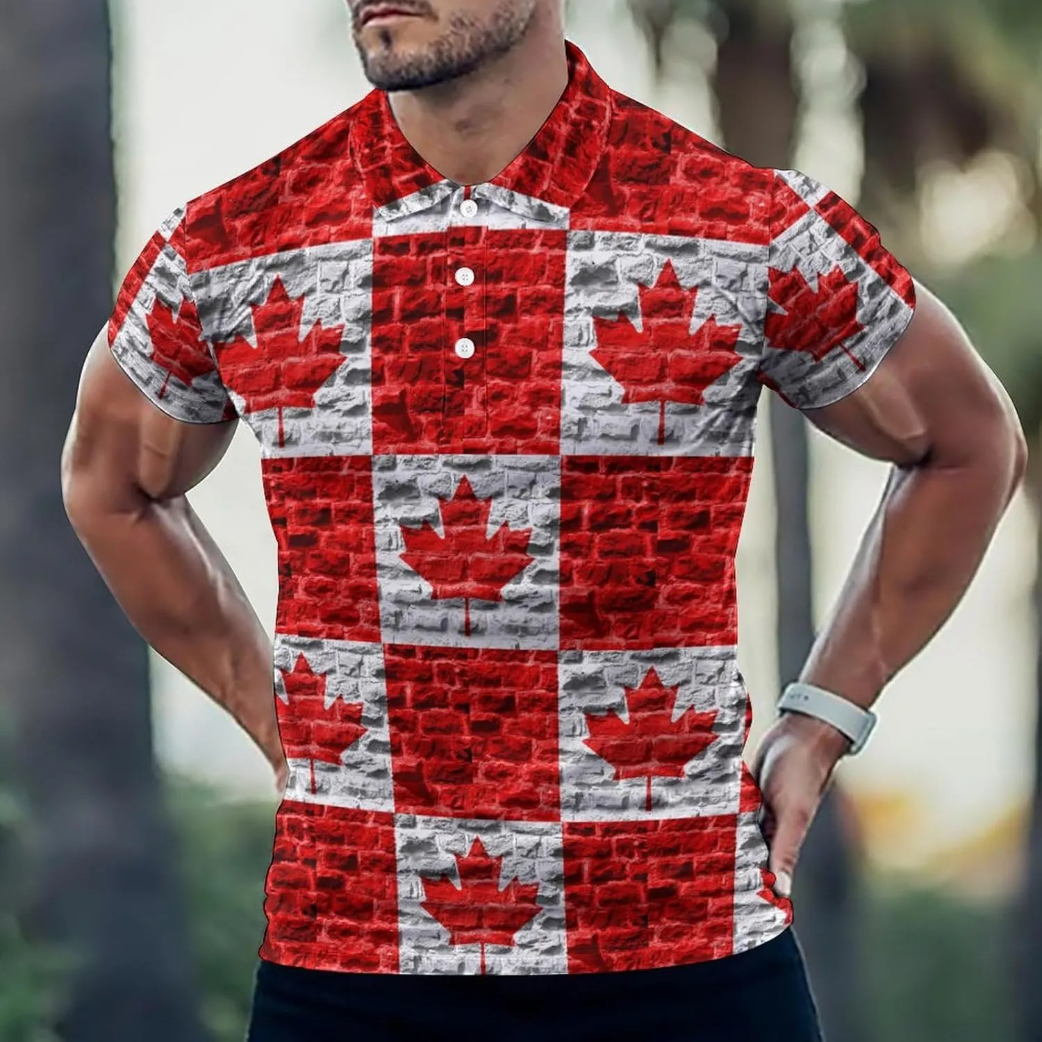 Canada Brick Flag Slim Fit Men's Short Sleeve Polo Shirts Quick-Dry Breathable Golf T-Shirt Tops