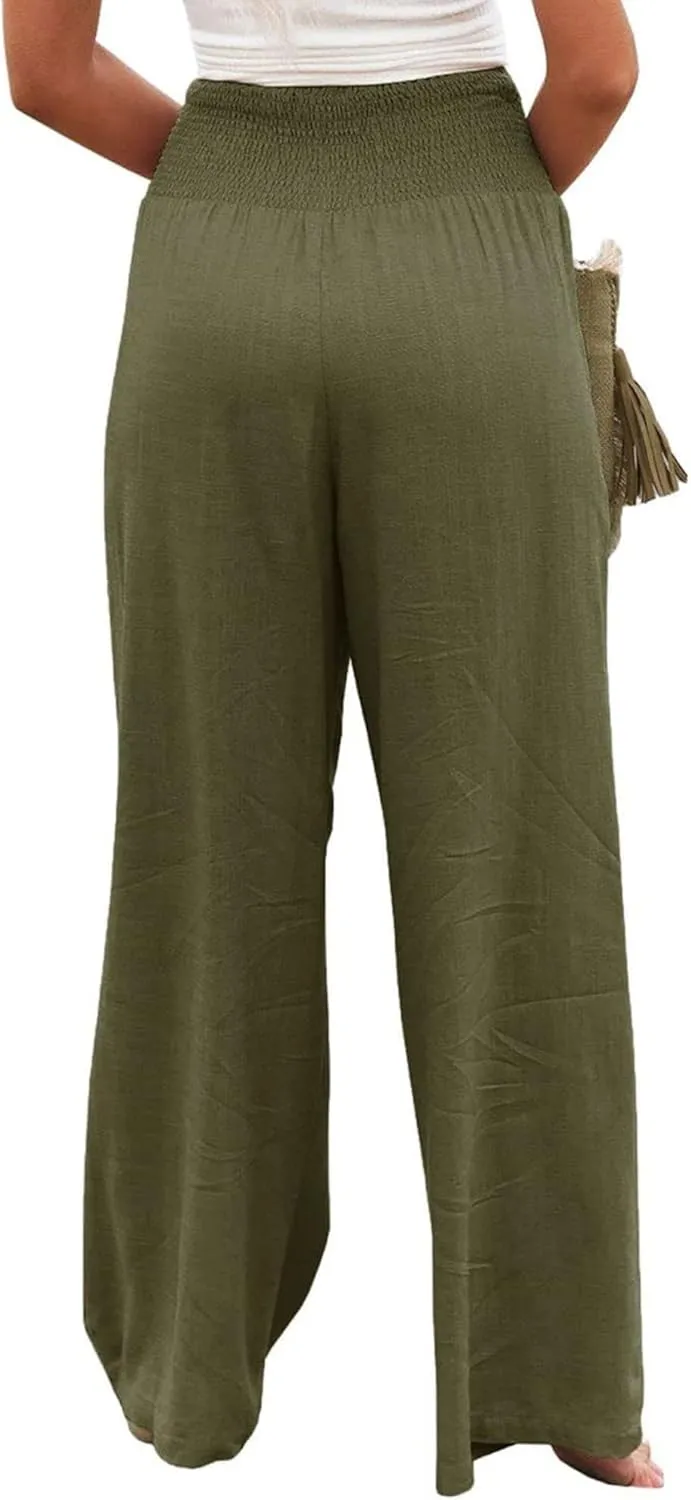 Canbebig Women's Cotton Linen Pants Elastic High Waist Loose Wide Leg Lounge Yoga Pants Tunic Waist Trousers with Pockets