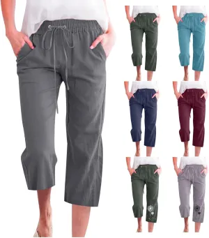 Capri Pants for Women Summer Cotton Linen Cropped Pants Casual Wide Leg Drawstring Elastic Waist Trouser S-3XL