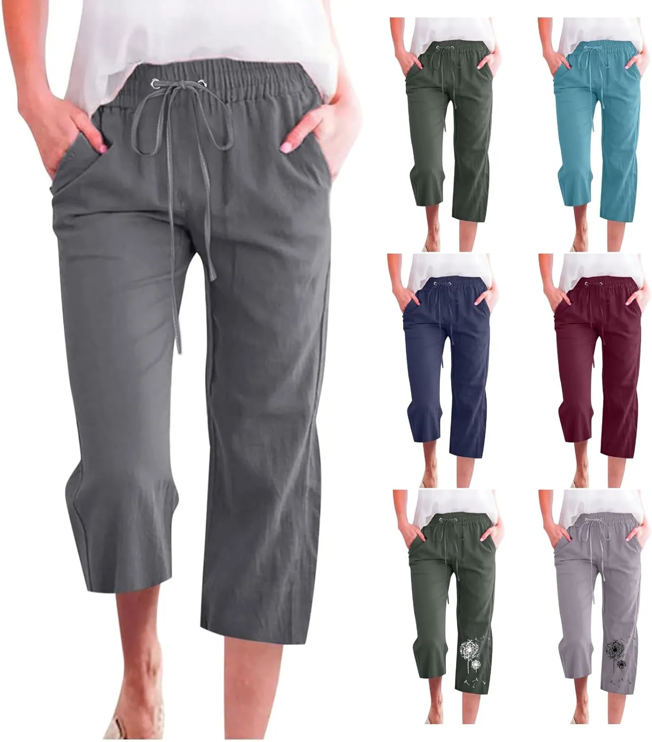 Capri Pants for Women Summer Cotton Linen Cropped Pants Casual Wide Leg Drawstring Elastic Waist Trouser S-3XL