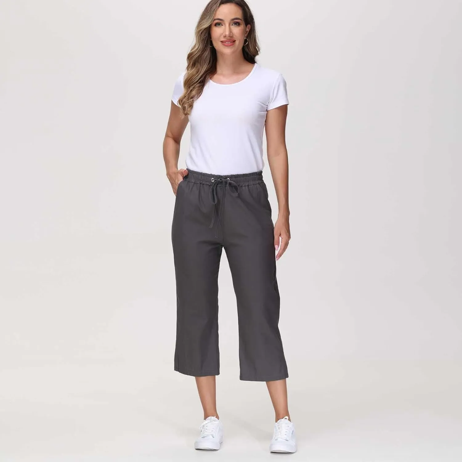 Capri Pants for Women Summer Cotton Linen Cropped Pants Casual Wide Leg Drawstring Elastic Waist Trouser S-3XL