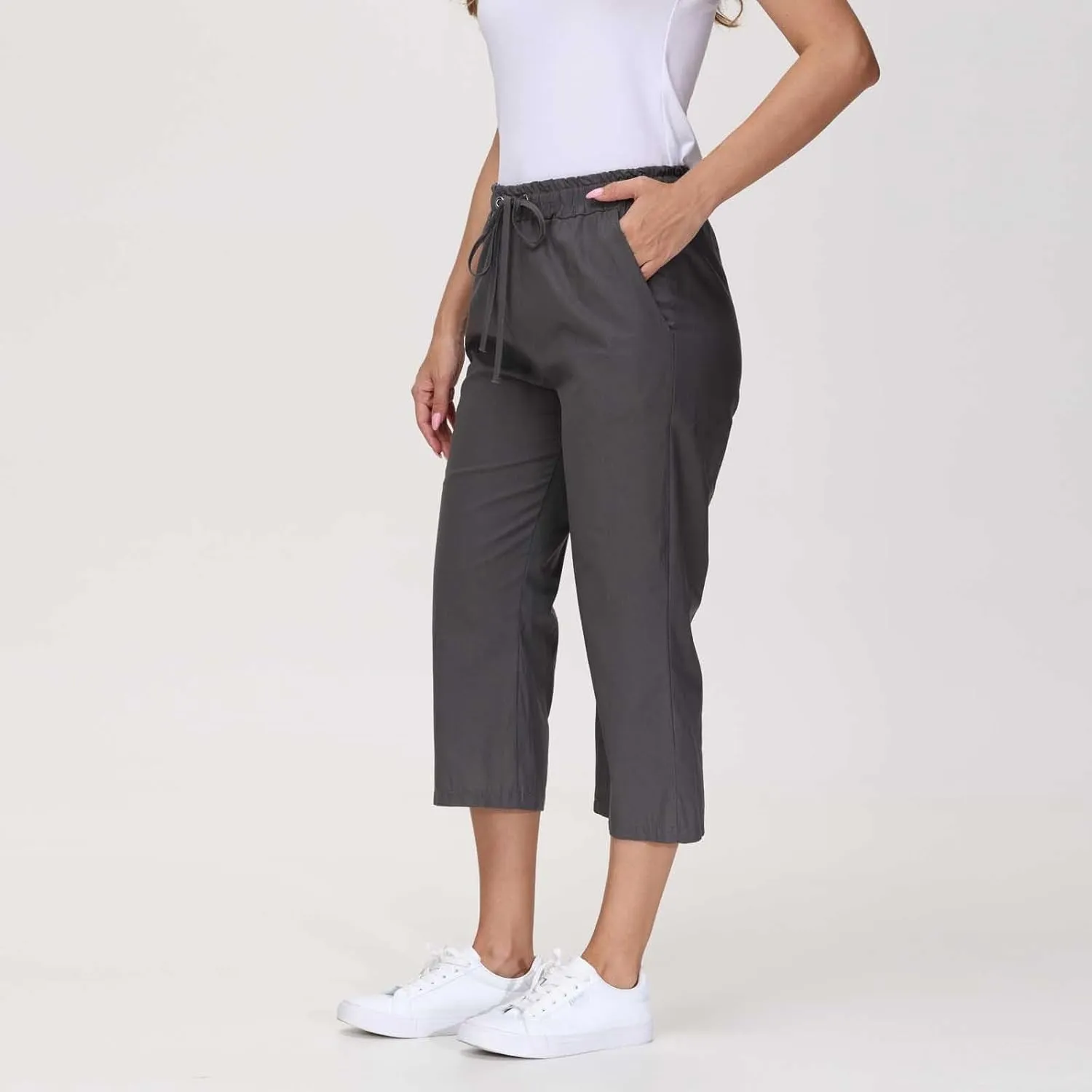 Capri Pants for Women Summer Cotton Linen Cropped Pants Casual Wide Leg Drawstring Elastic Waist Trouser S-3XL