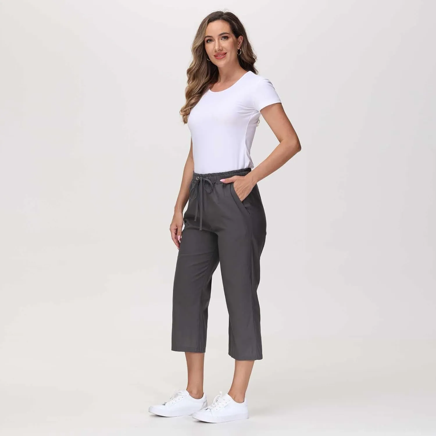 Capri Pants for Women Summer Cotton Linen Cropped Pants Casual Wide Leg Drawstring Elastic Waist Trouser S-3XL