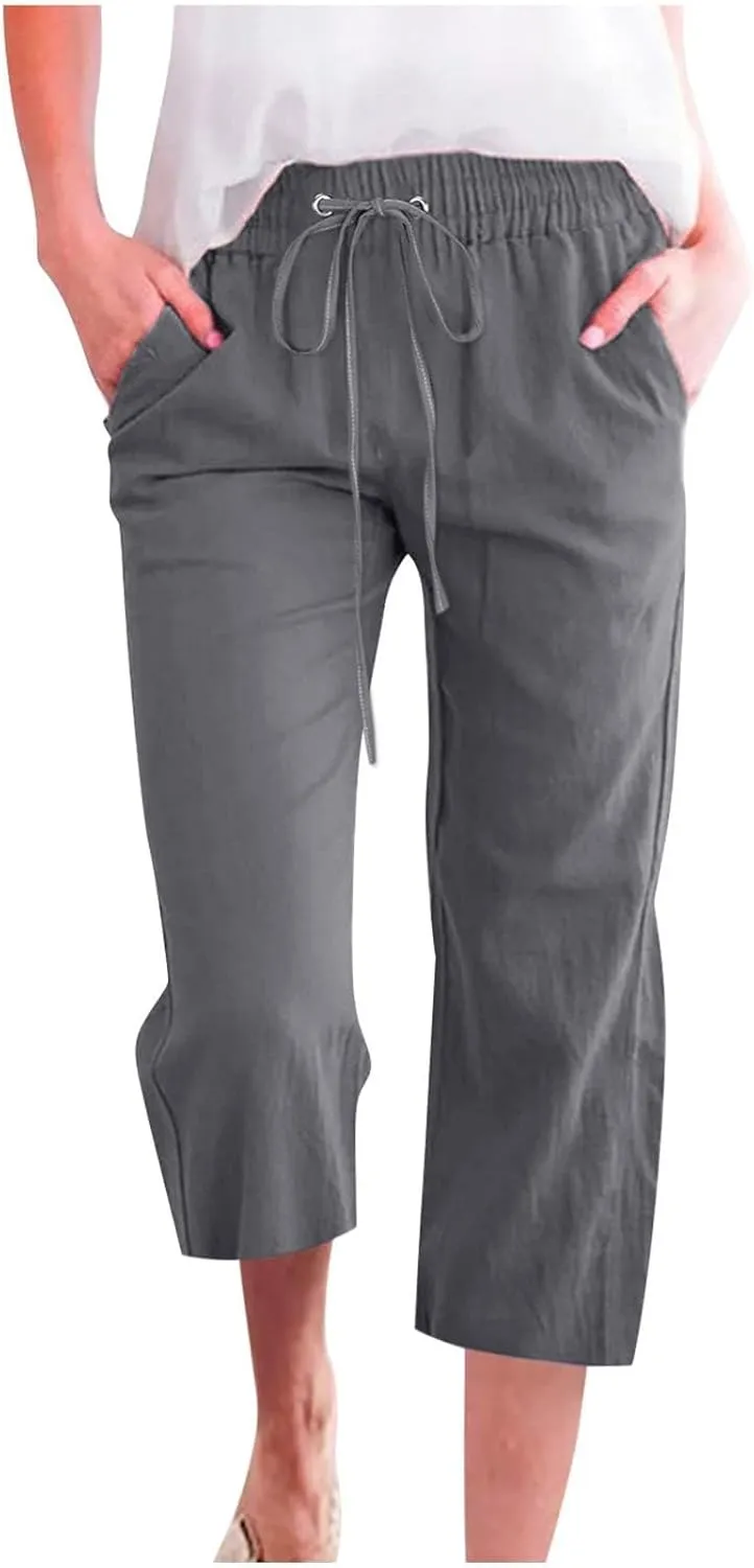 Capri Pants for Women Summer Cotton Linen Cropped Pants Casual Wide Leg Drawstring Elastic Waist Trouser S-3XL