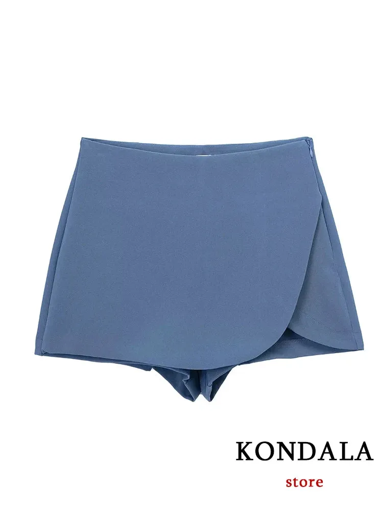 Casual Mini Asymmetrical Skirt Shorts Women's Fashion High Waist Back Pockets Wide Leg Skirts Zipper Shorts