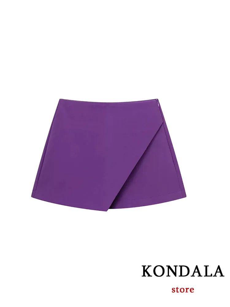 Casual Mini Asymmetrical Skirt Shorts Women's Fashion High Waist Back Pockets Wide Leg Skirts Zipper Shorts