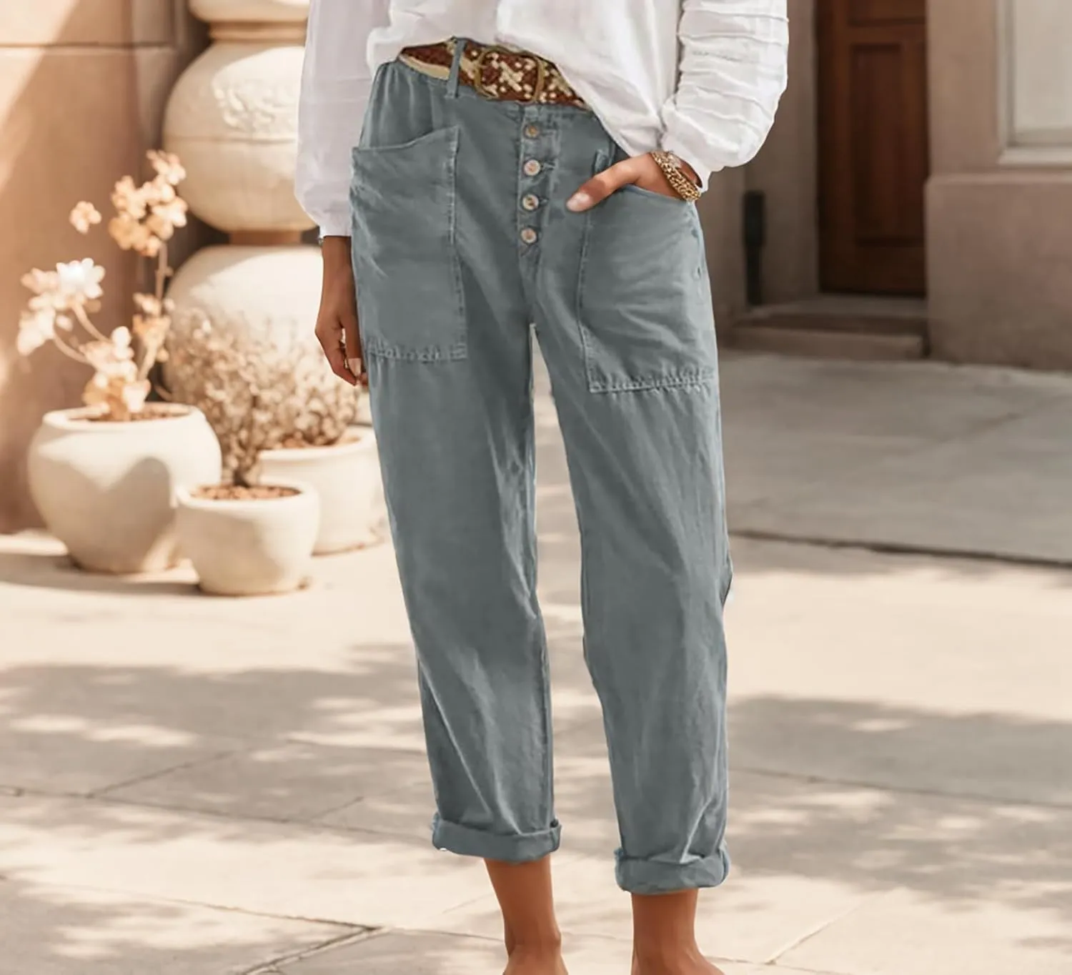 Casual Pants for Women Linen High Elastic Waist Button Capri Pants Loose Baggy Wide Leg Trousers with Pocket
