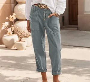 Casual Pants for Women Linen High Elastic Waist Button Capri Pants Loose Baggy Wide Leg Trousers with Pocket