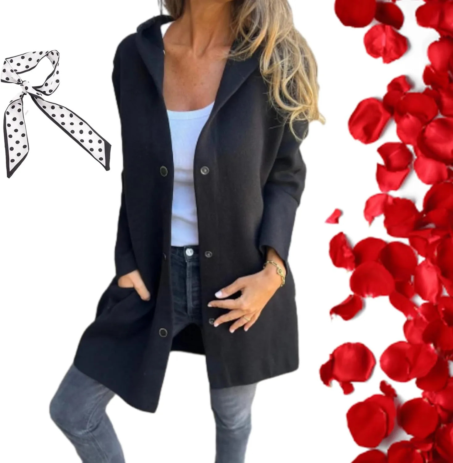 Casual Single Breasted Hooded Jacket,Trench Coat for Women 2024, Long Sleeve Lapel Button Up Long Coats for Women