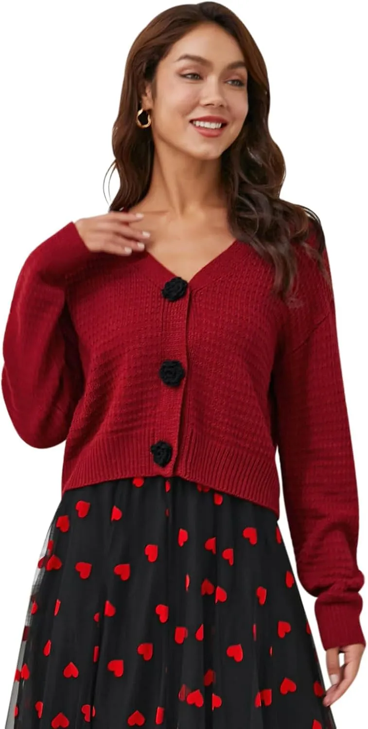 CHICWISH Women Open Front Rose Buttoned Crop Knit Cardigan V Neck Long Sleeve Casual Solid Sweaters Cardigan Top