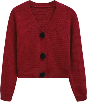 CHICWISH Women Open Front Rose Buttoned Crop Knit Cardigan V Neck Long Sleeve Casual Solid Sweaters Cardigan Top