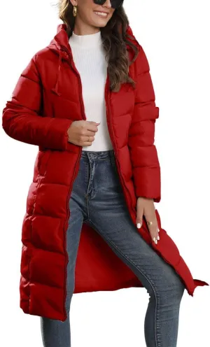 chouyatou Women's Winter Hooded Long Quilted Puffer Trench Coat Zip Up Padded Puffy Down Jacket Outerwear