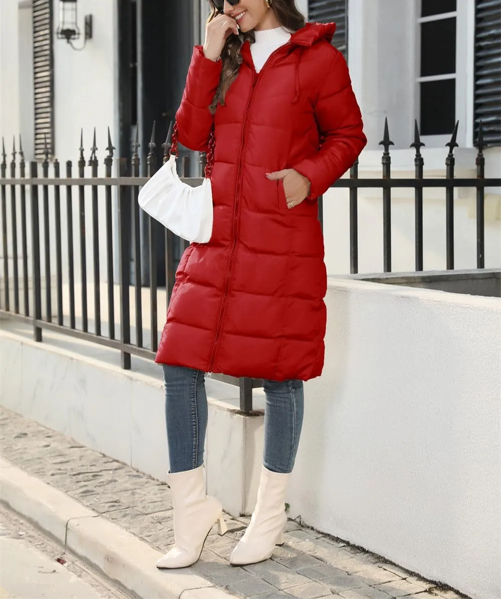 chouyatou Women's Winter Hooded Long Quilted Puffer Trench Coat Zip Up Padded Puffy Down Jacket Outerwear