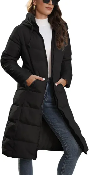chouyatou Women's Winter Hooded Long Quilted Puffer Trench Coat Zip Up Padded Puffy Down Jacket Outerwear