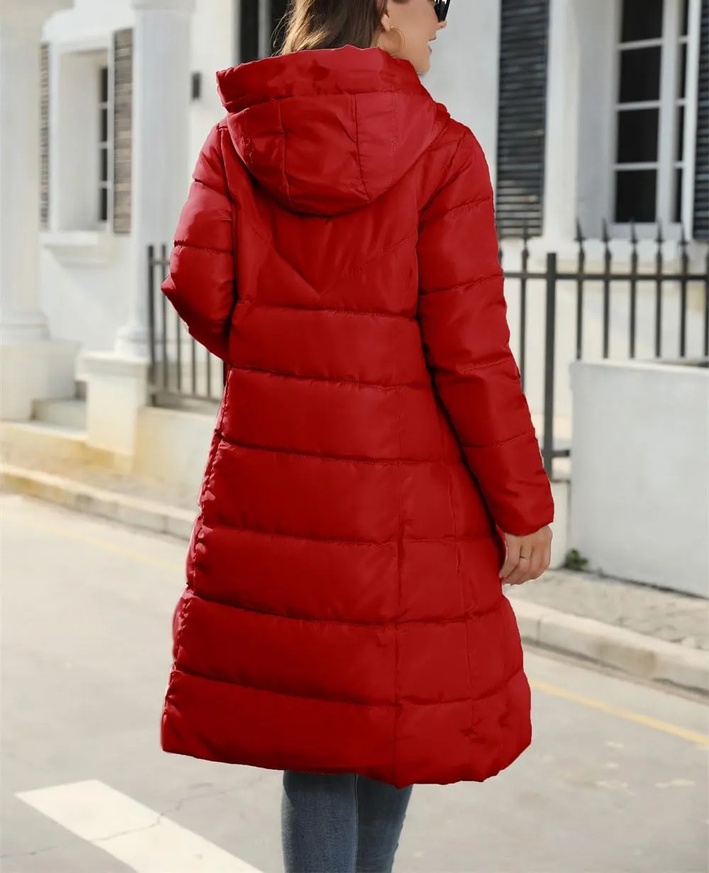 chouyatou Women's Winter Hooded Long Quilted Puffer Trench Coat Zip Up Padded Puffy Down Jacket Outerwear