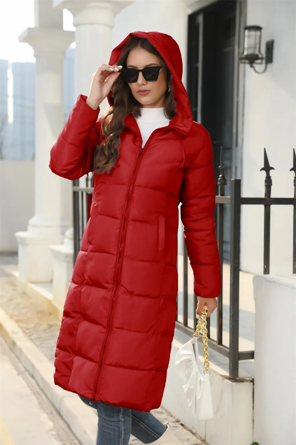 chouyatou Women's Winter Hooded Long Quilted Puffer Trench Coat Zip Up Padded Puffy Down Jacket Outerwear
