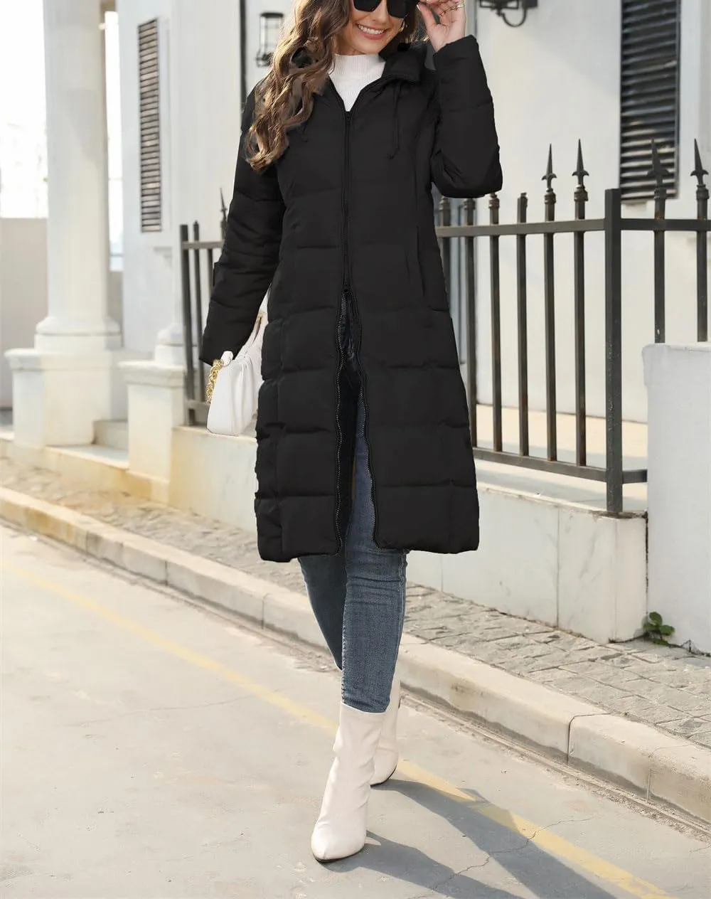 chouyatou Women's Winter Hooded Long Quilted Puffer Trench Coat Zip Up Padded Puffy Down Jacket Outerwear