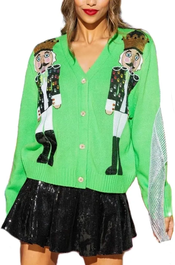 Christmas Sequin Cardigan for Women Funny Graphic Button Down Ugly Sweaters Cute Open Front Knitted Long Sleeve Top