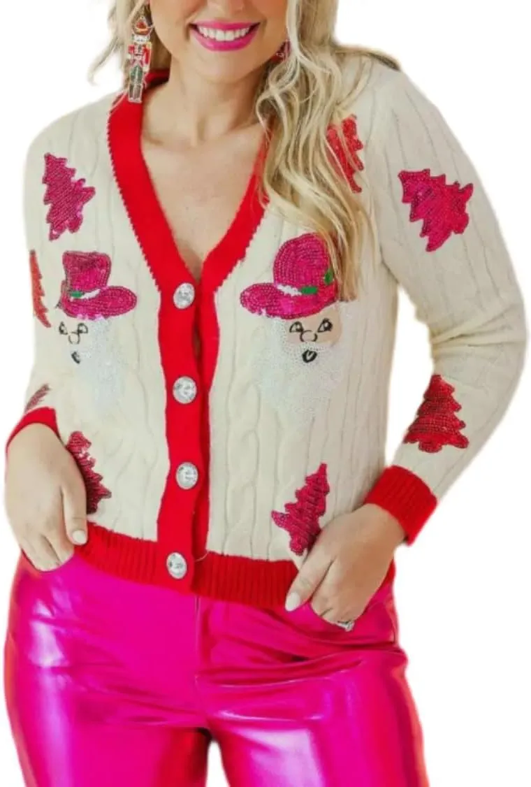 Christmas Sequin Cardigan for Women Funny Graphic Button Down Ugly Sweaters Cute Open Front Knitted Long Sleeve Top