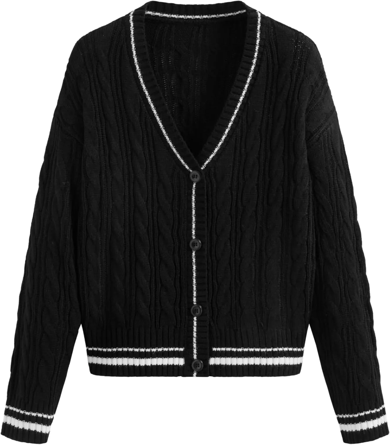 CIDER Cable Knit V-Neck Contrasting Binding Button Oversized Cardigan