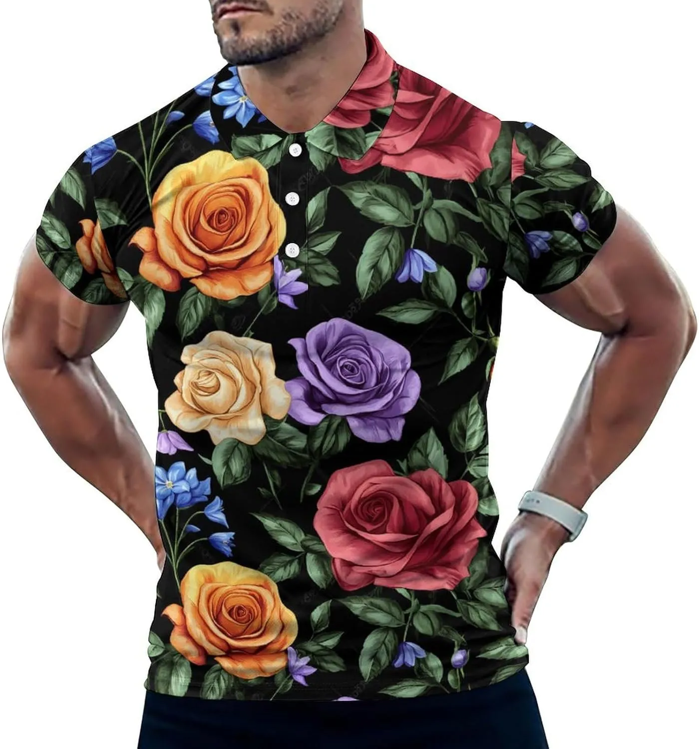 Colorful Rose Flowers Slim Fit Men's Short Sleeve Polo Shirts Quick-Dry Breathable Golf T-Shirt Tops