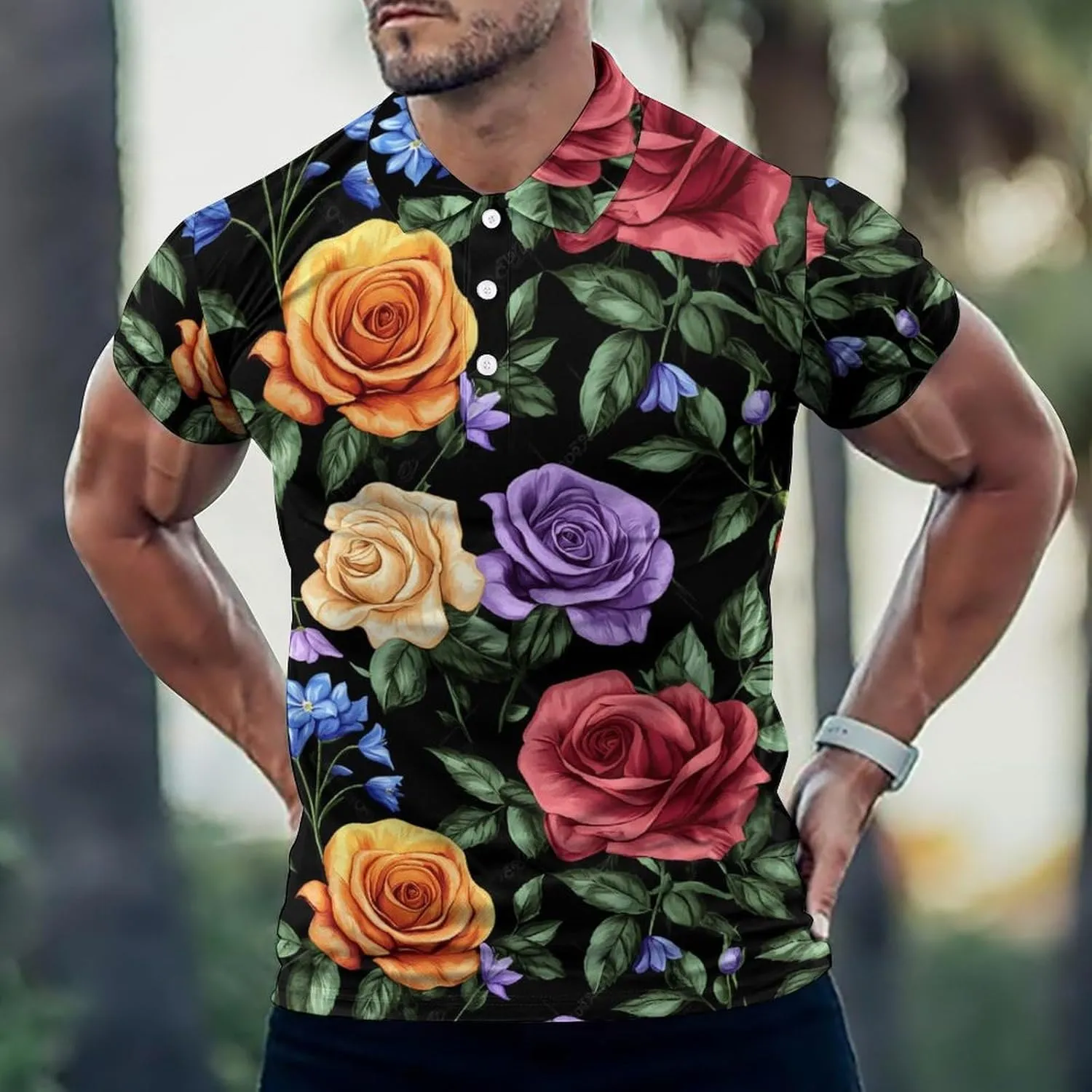 Colorful Rose Flowers Slim Fit Men's Short Sleeve Polo Shirts Quick-Dry Breathable Golf T-Shirt Tops