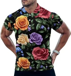 Colorful Rose Flowers Slim Fit Men's Short Sleeve Polo Shirts Quick-Dry Breathable Golf T-Shirt Tops