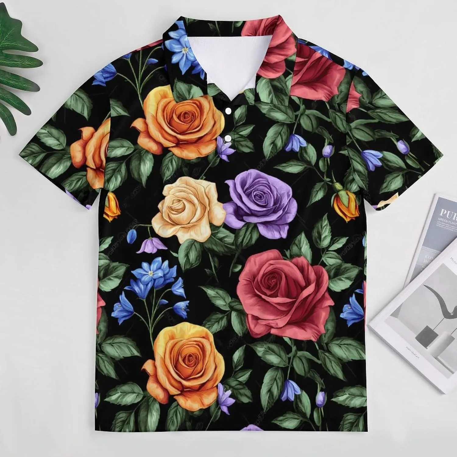 Colorful Rose Flowers Slim Fit Men's Short Sleeve Polo Shirts Quick-Dry Breathable Golf T-Shirt Tops