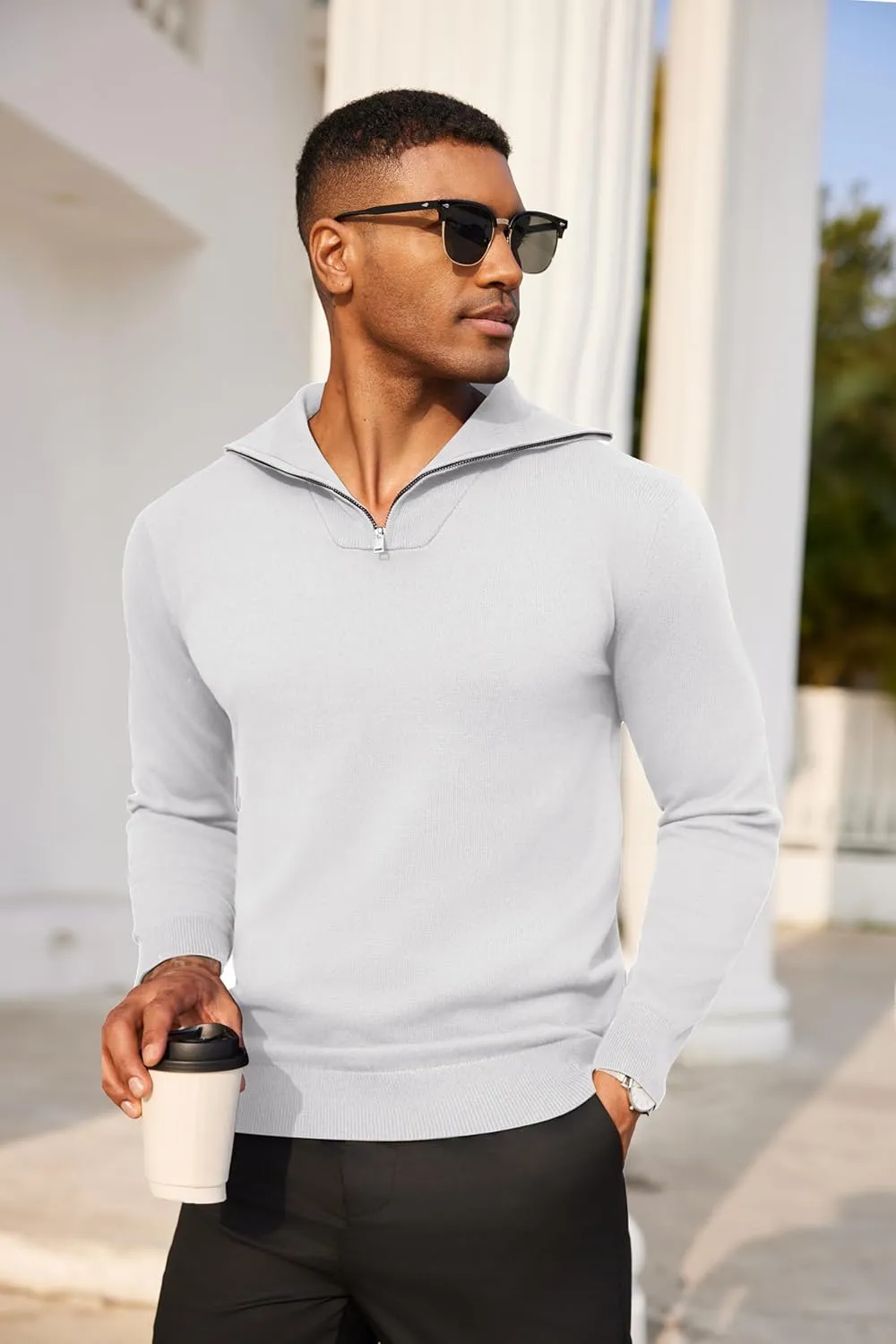 COOFANDY Mens Quarter Zip Pullover Quilted Pullover Casual Knit Long Sleeve Mock Neck Sweater Polo