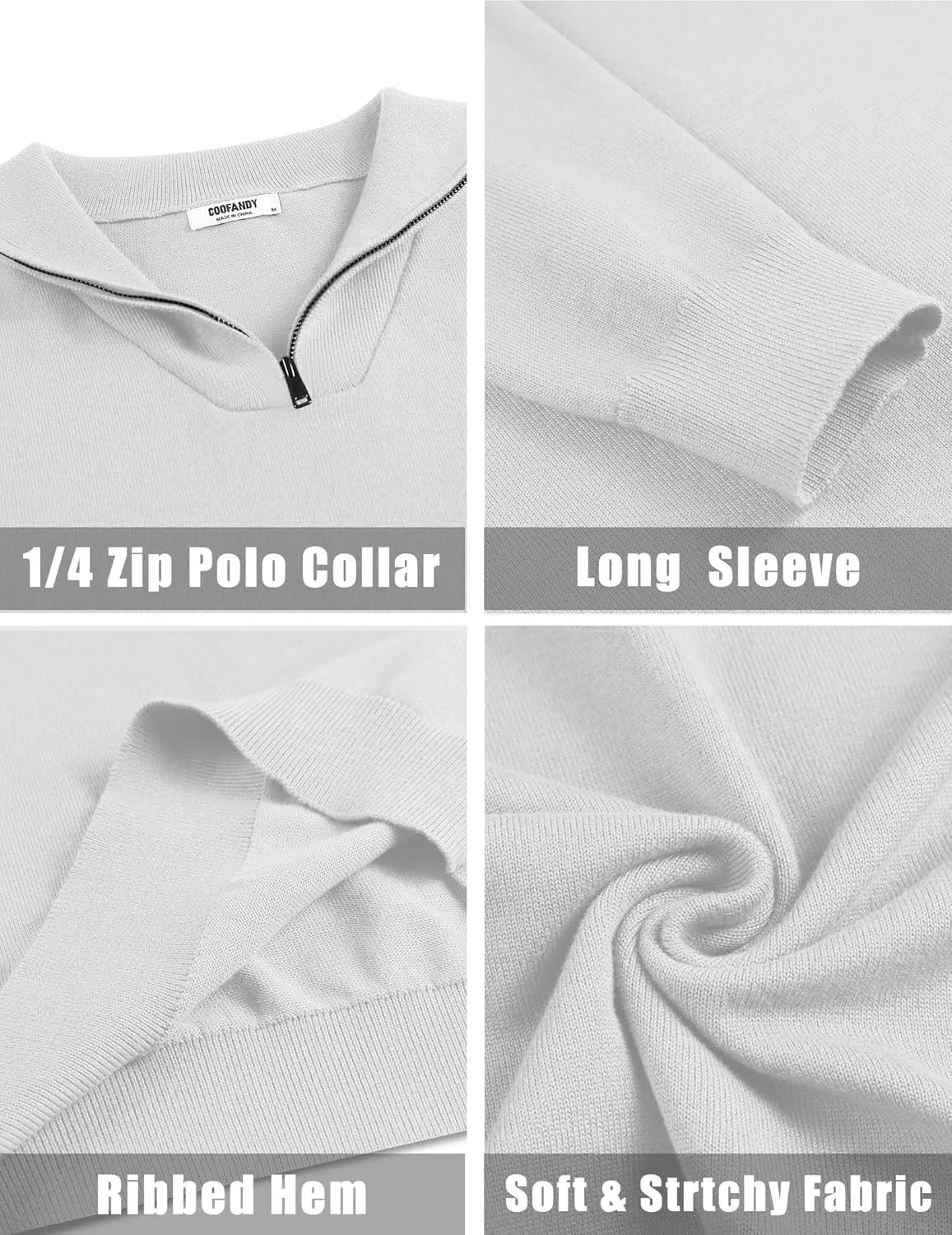 COOFANDY Mens Quarter Zip Pullover Quilted Pullover Casual Knit Long Sleeve Mock Neck Sweater Polo