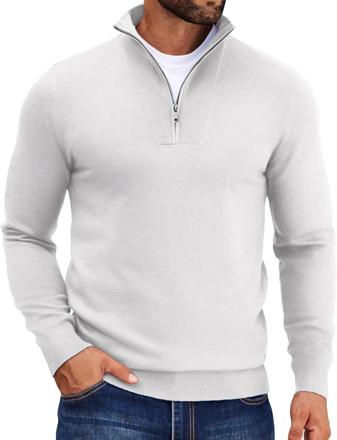COOFANDY Mens Quarter Zip Pullover Quilted Pullover Casual Knit Long Sleeve Mock Neck Sweater Polo