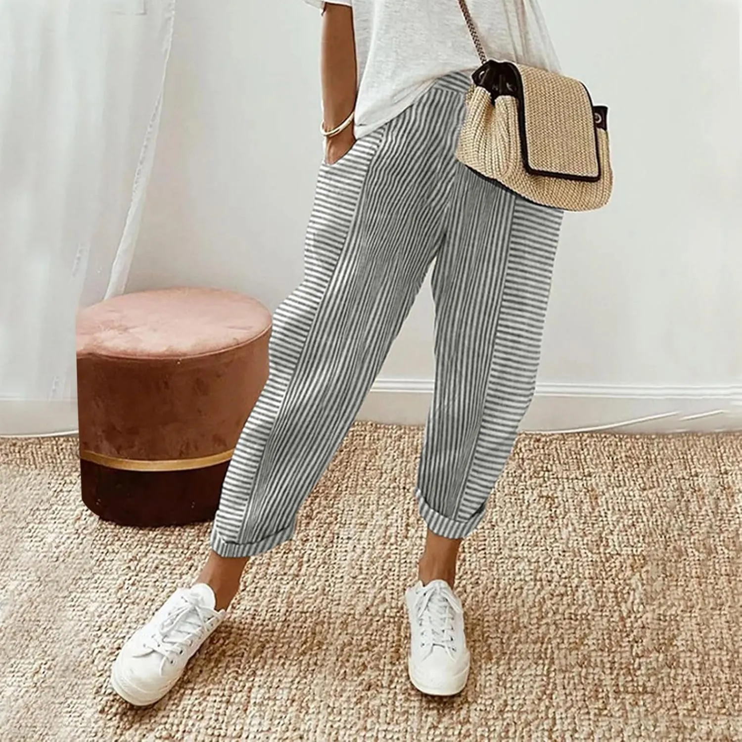 Cotton Linen Pants for Women Casual Straight Leg Elastic Waist Trousers Stripe Print Beach Lounge with Pockets