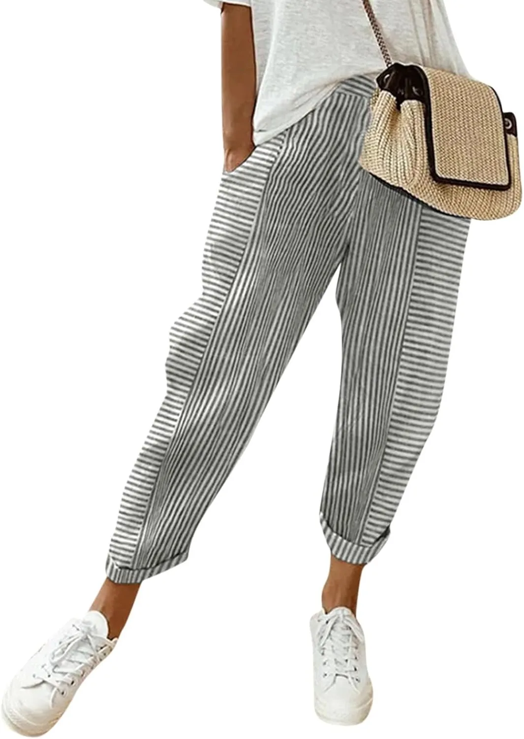 Cotton Linen Pants for Women Casual Straight Leg Elastic Waist Trousers Stripe Print Beach Lounge with Pockets
