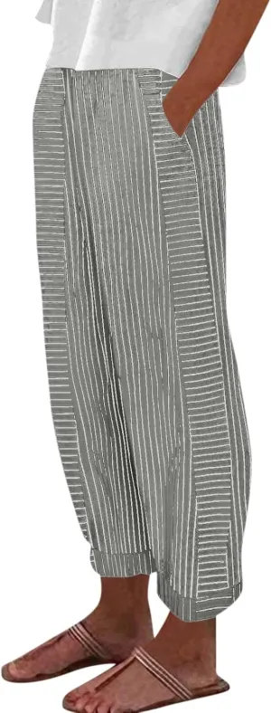 Cotton Linen Pants for Women Casual Straight Leg Elastic Waist Trousers Stripe Print Beach Lounge with Pockets