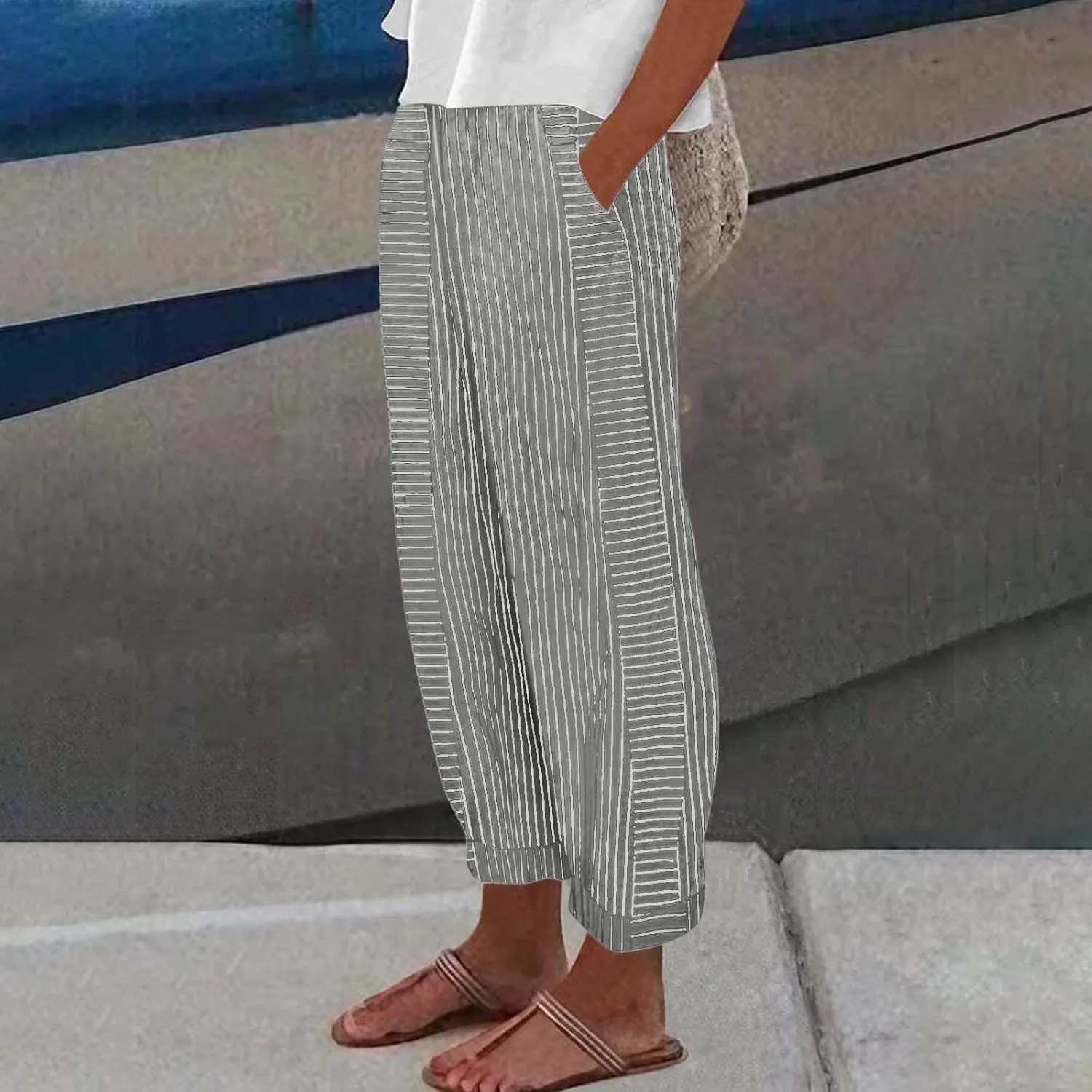 Cotton Linen Pants for Women Casual Straight Leg Elastic Waist Trousers Stripe Print Beach Lounge with Pockets