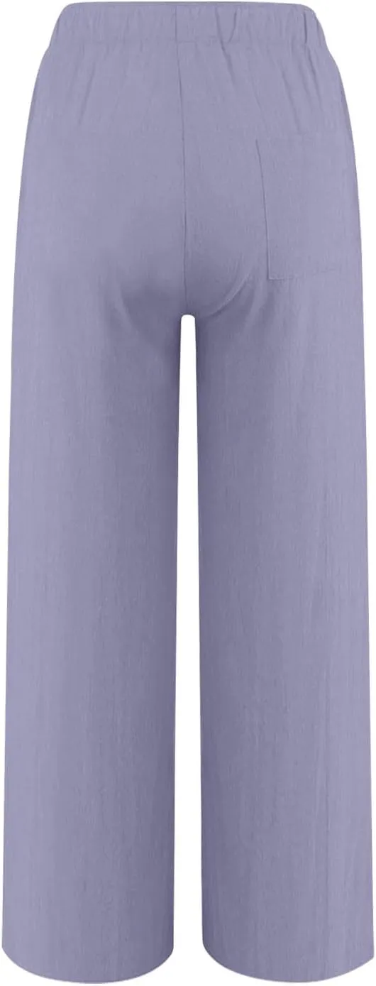 Cotton Linen Pants for Women Drawstring High Elastic Waist Straight Leg Trousers Lightweight Loose Lounge Pants