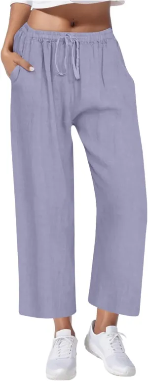 Cotton Linen Pants for Women Drawstring High Elastic Waist Straight Leg Trousers Lightweight Loose Lounge Pants