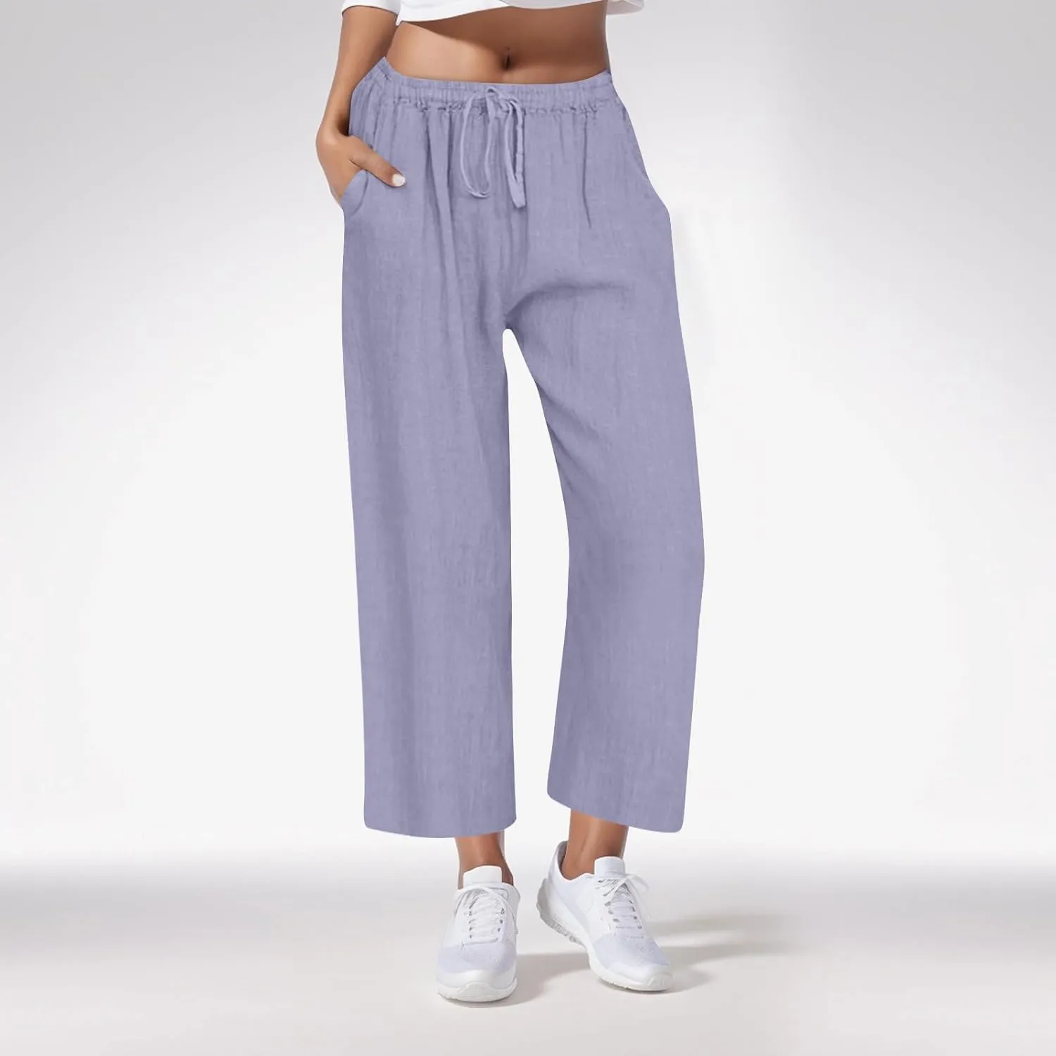 Cotton Linen Pants for Women Drawstring High Elastic Waist Straight Leg Trousers Lightweight Loose Lounge Pants