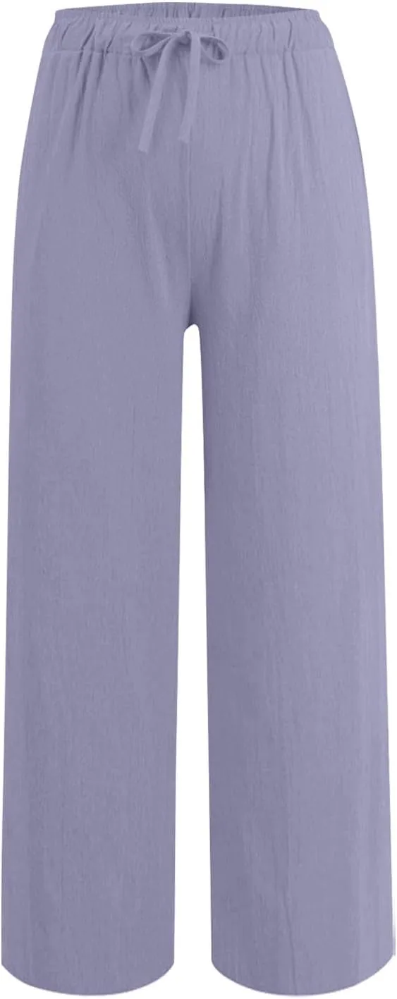 Cotton Linen Pants for Women Drawstring High Elastic Waist Straight Leg Trousers Lightweight Loose Lounge Pants