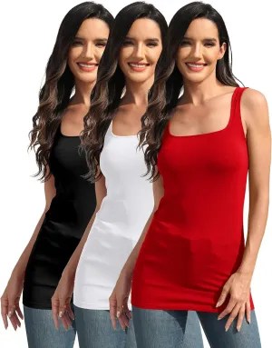 Cotton Square Neck Long Tank Tops for Women Tunic Layering Fitted Sleeveless Undershirt 3 Packs