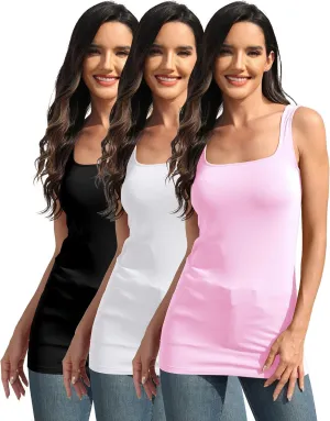 Cotton Square Neck Long Tank Tops for Women Tunic Layering Fitted Sleeveless Undershirt 3 Packs