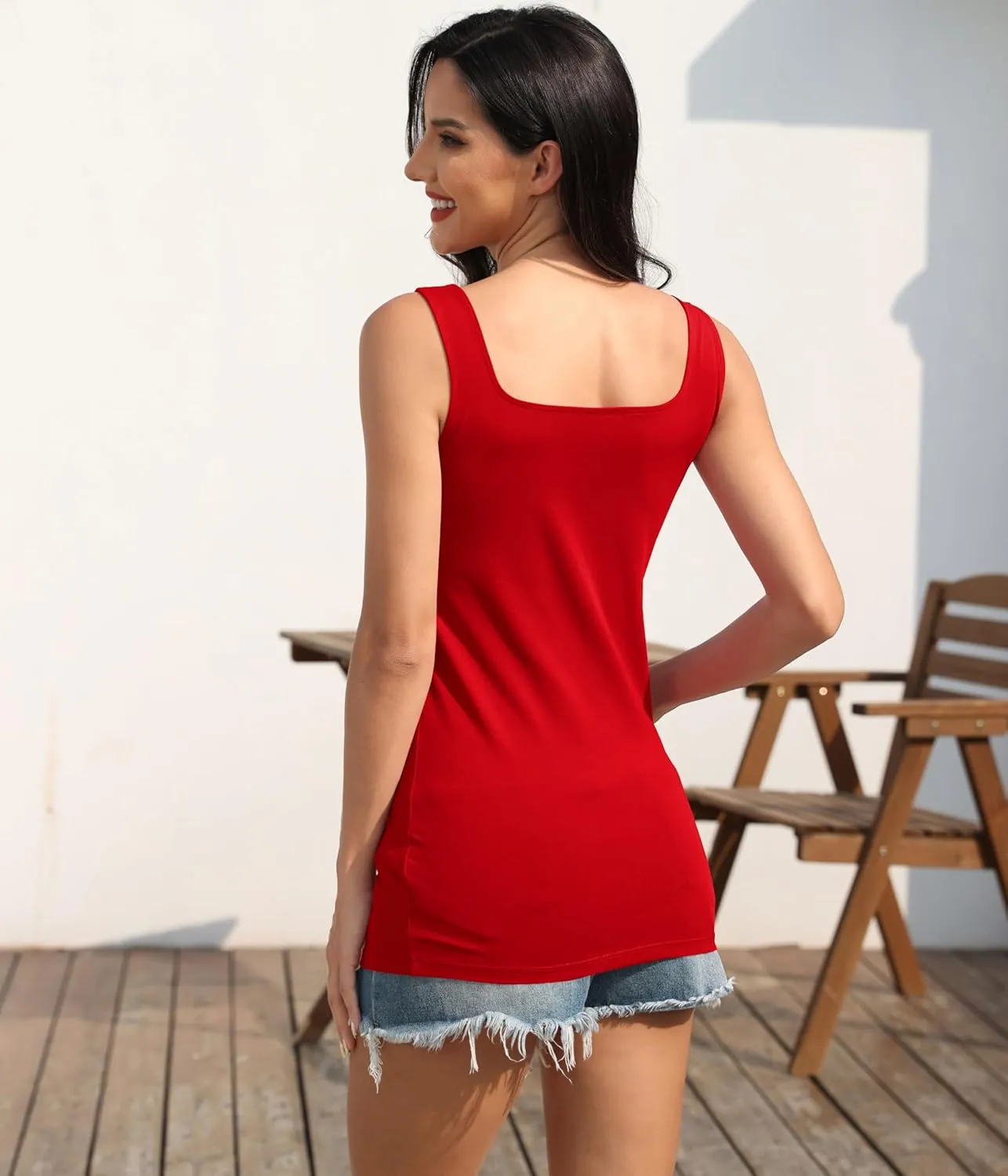Cotton Square Neck Long Tank Tops for Women Tunic Layering Fitted Sleeveless Undershirt 3 Packs