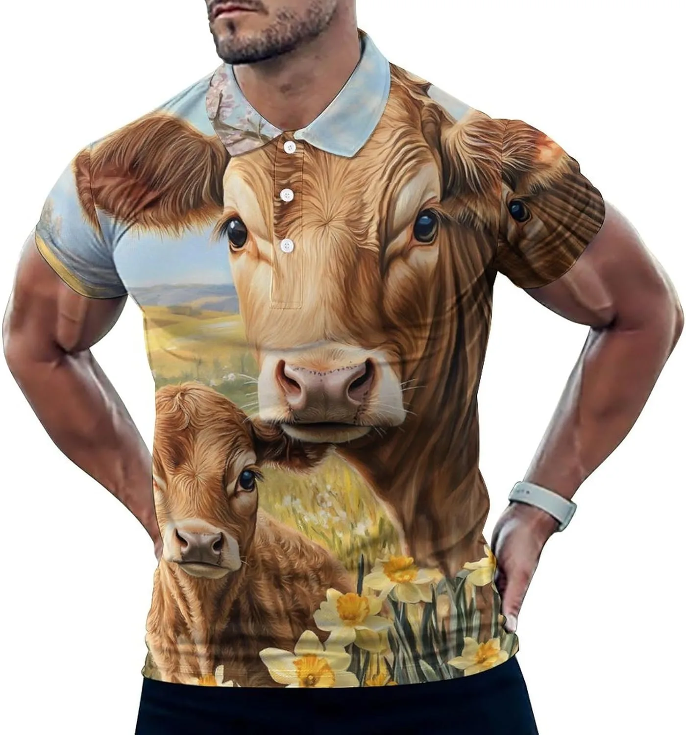 Cow Mama and Little Slim Fit Men's Short Sleeve Polo Shirts Quick-Dry Breathable Golf T-Shirt Tops