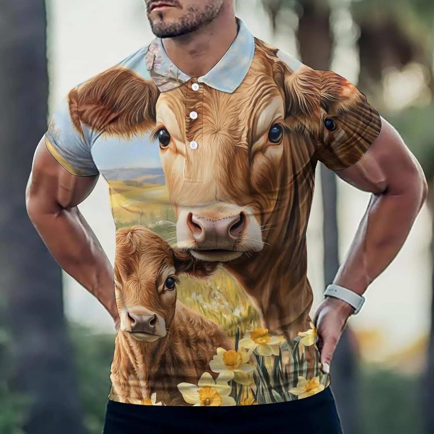 Cow Mama and Little Slim Fit Men's Short Sleeve Polo Shirts Quick-Dry Breathable Golf T-Shirt Tops